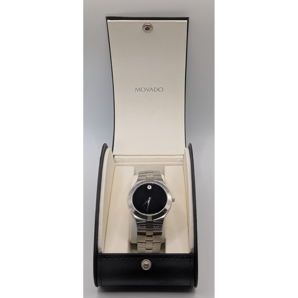 Vtg Men's Movado Museum Watch Black Dial Stainless Steel Swiss Quartz NIB